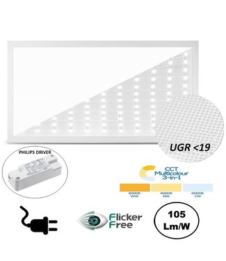 Back-lit UGR19 LED Paneel 30x60cm, 22w, 2310 Lumen (105lm/w), Color Switch (3000/4000/6000K), Flikkervrije Philips LED Driver, Stekkerklaar, 3 Jaar Garantie