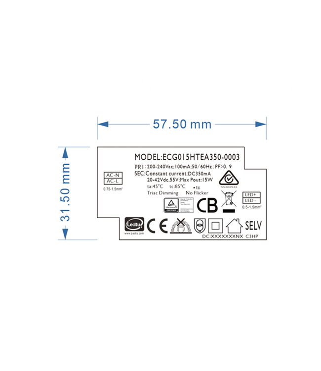 TRIAC LED Driver 15 Watt - 350 Ma- Output: 20-40vDC