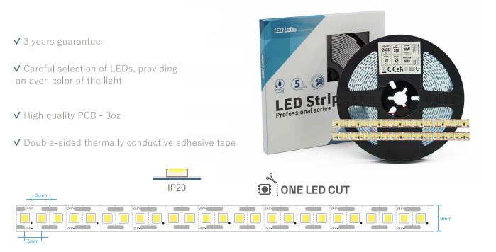 Premium Led Strip ROL 5 Meter One Cut SMD, 10w/m, 200 led/m, 1230-1400Lm/m (123-140lm/w), 24v, CRI90, IP20, 8mm, 3 Jaar garantie, foto 4 van 6