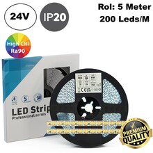 Premium Led Strip ROL 5 Meter One Cut SMD, 10w/m, 200 led/m, 1230-1400Lm/m (123-140lm/w), 24v, CRI90, IP20, 8mm, 3 Jaar garantie