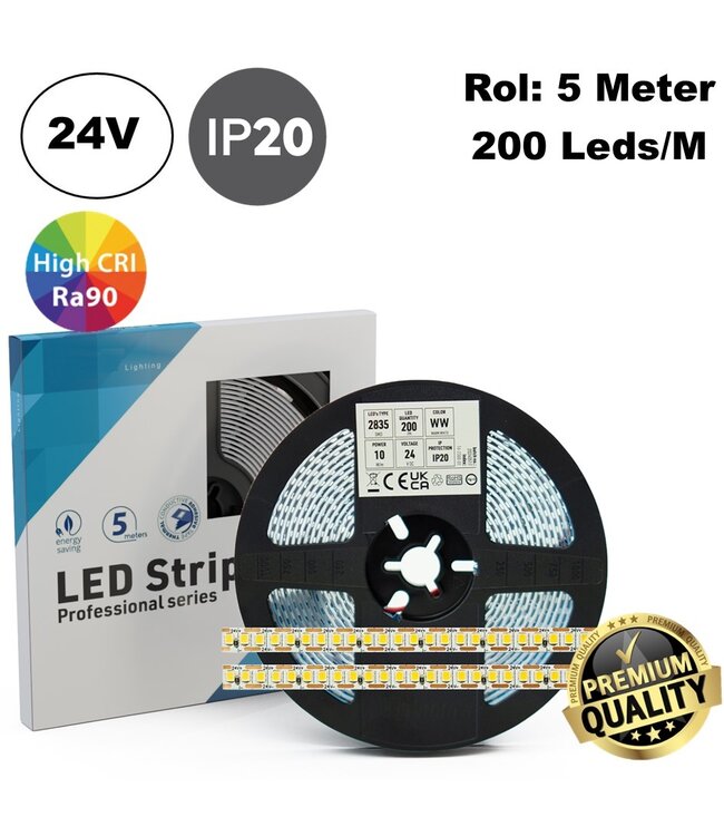 Premium Led Strip ROL 5 Meter One Cut SMD, 10w/m, 200 led/m, 1230-1400Lm/m (123-140lm/w), 24v, CRI90, IP20, 8mm, 3 Jaar garantie