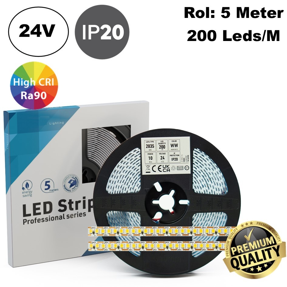 Premium Led Strip ROL 5 Meter One Cut SMD, 10w/m, 200 led/m, 1230-1400Lm/m (123-140lm/w), 24v, CRI90, IP20, 8mm, 3 Jaar garantie, foto 2 van 6