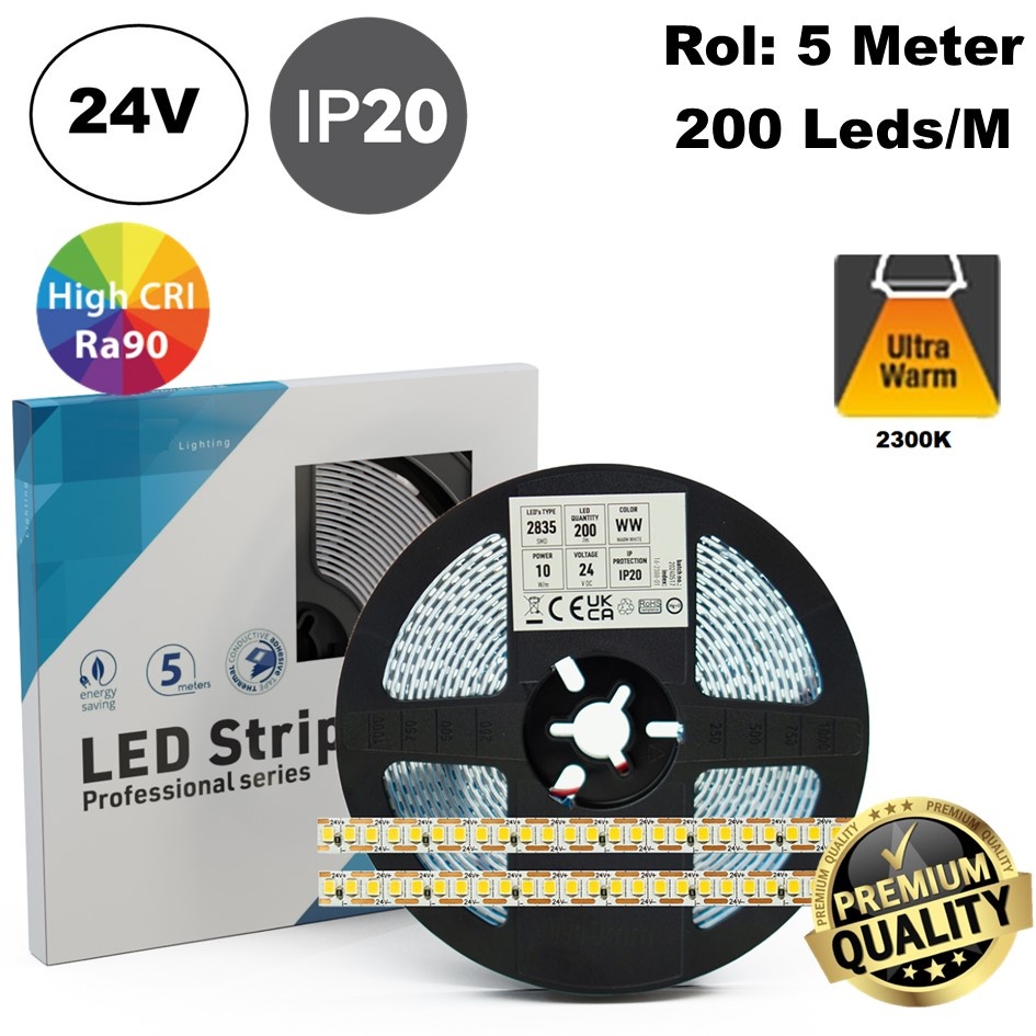 Premium Led Strip ROL 5 Meter One Cut SMD, 10w/m, 200 led/m, 1230-1400Lm/m (123-140lm/w), 24v, CRI90, IP20, 8mm, 3 Jaar garantie, foto 5 van 6