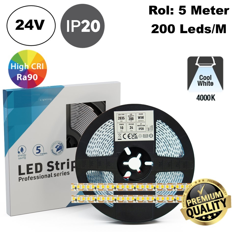 Premium Led Strip ROL 5 Meter One Cut SMD, 10w/m, 200 led/m, 1230-1400Lm/m (123-140lm/w), 24v, CRI90, IP20, 8mm, 3 Jaar garantie, foto 6 van 6
