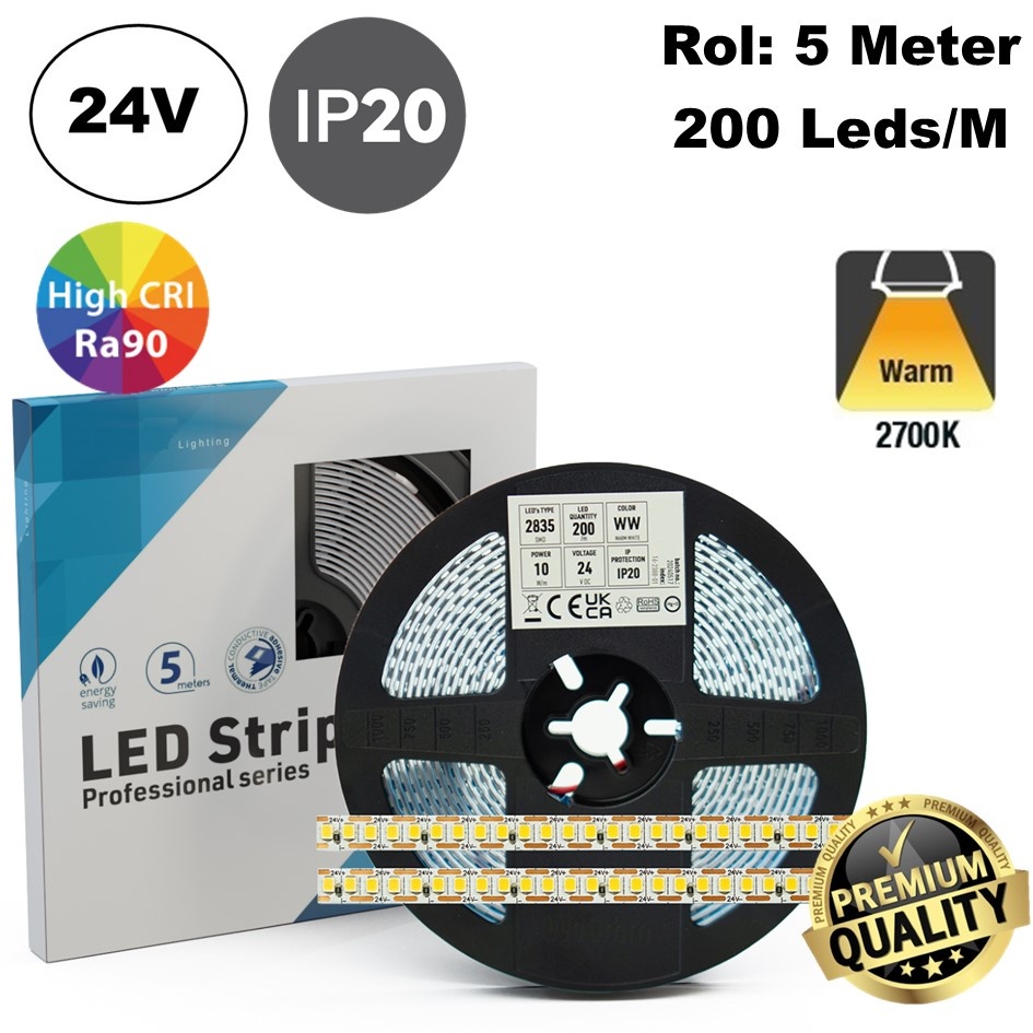 Premium Led Strip ROL 5 Meter One Cut SMD, 10w/m, 200 led/m, 1230-1400Lm/m (123-140lm/w), 24v, CRI90, IP20, 8mm, 3 Jaar garantie