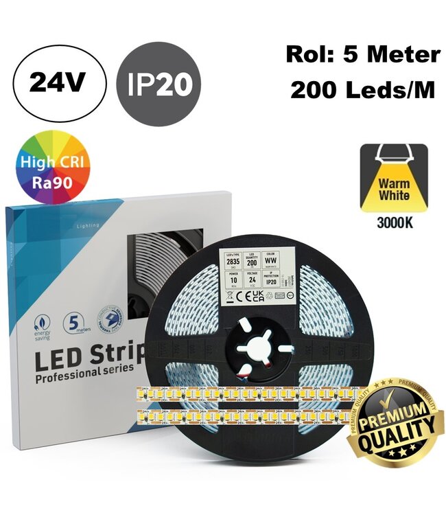 Premium Led Strip ROL 5 Meter One Cut SMD, 10w/m, 200 led/m, 1230-1400Lm/m (123-140lm/w), 24v, CRI90, IP20, 8mm, 3 Jaar garantie