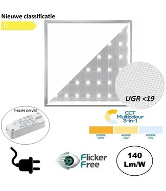 Back-lit UGR19 LED Paneel 60x60cm, 28W, 3900 Lumen (140lm/w), Color Switch (3000/4000/6000K), Flikkervrije Philips LED Driver, Stekkerklaar, 3 / 5 Jaar Garantie