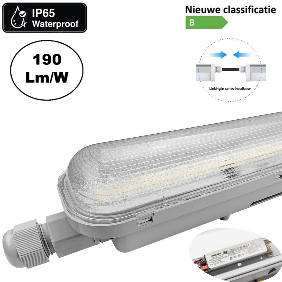 Led Tri Proof 123cm, 36w, 6800 Lumen (190lm/w), Koppelbaar, Flickerfree Philips LED Driver, IP65, 3 jaar garantie, foto 2 van 6