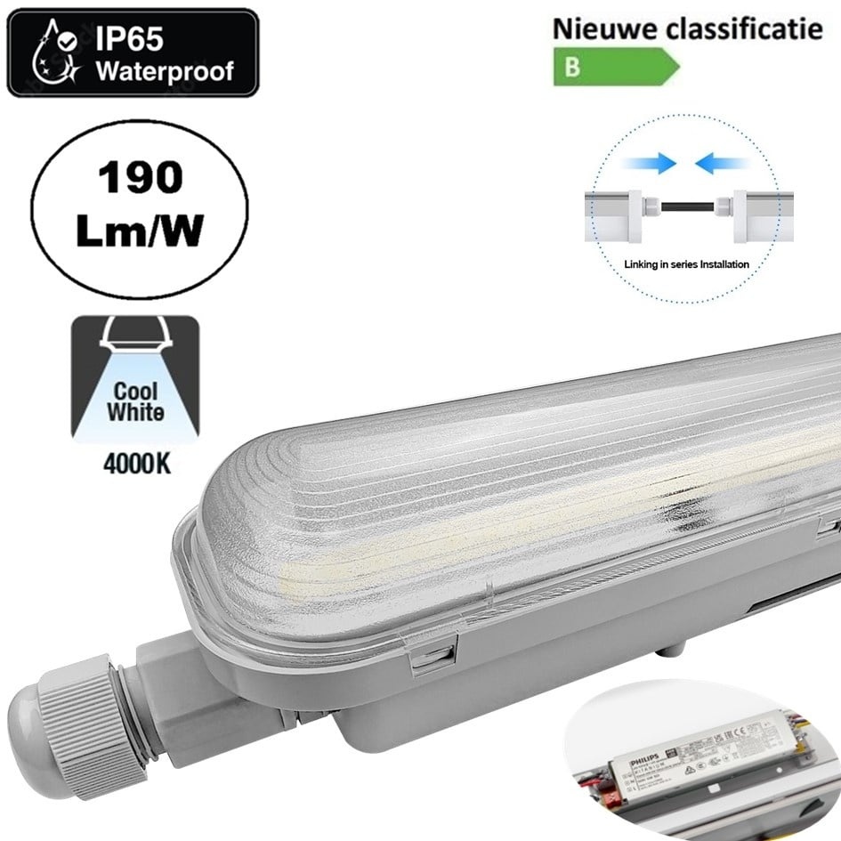 Led Tri Proof 123cm, 36w, 6800 Lumen (190lm/w), Koppelbaar, Flickerfree Philips LED Driver, IP65, 3 jaar garantie