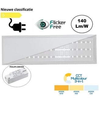 Back-lit UGR19 LED Paneel 30x120cm, 28w, 3900 Lumen (140lm/w), Color Switch (3000/4000/6000K), Flikkervrije Philips LED Driver, Stekkerklaar, 3 / 5 Jaar Garantie