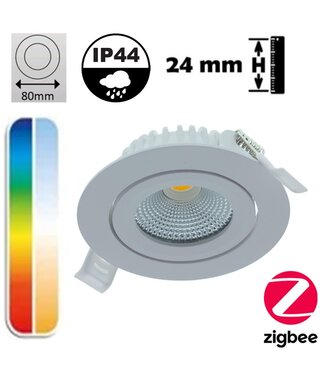 Zigbee3.0 Inbouw LED Spot 5w Flat, 420 Lumen, RGB+CCT (1800K>6500K), Kantelbaar, IP44, Wit Armatuur, Gatmaat 69mm, 2 Jaar Garantie