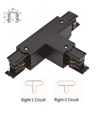 Universele 3 Fase Rail 4 Wire T-Verbinding -RECHTS - BINNENLIJN en BUITENLIJN - Zwart