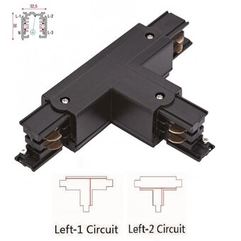 Universele 3 Fase Rail 4 Wire T-Verbinding - LINKS - BINNENLIJN en BUITENLIJN - Zwart