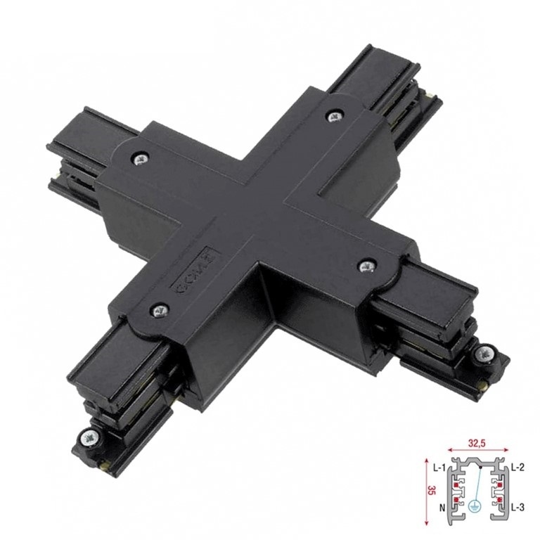 3 Fase Rail 4 Wire X-Koppelstuk - Zwart