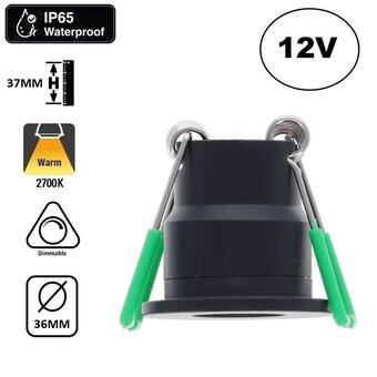 LED Veranda Spot / Inbouw Spot 3W, 2700K Warm Wit, 240 Lumen, 12VDC, IP65, Gatmaat 28mm, Zwartkleurig, 2 Jaar Garantie