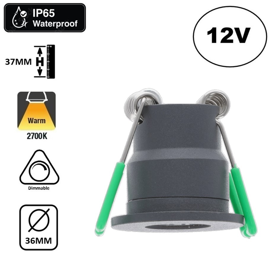 LED Veranda Spot / Inbouw Spot 3W, 2700K Warm Wit, 240 Lumen, 12VDC, IP65, Gatmaat 28mm, Grijs/Antraciet kleurig, 2 Jaar Garantie