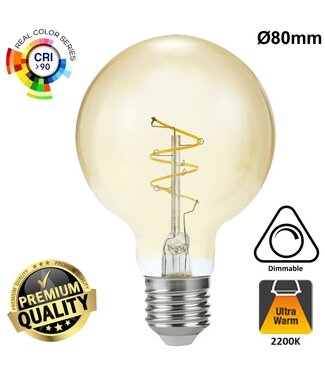 SPL E27 Led Bollamp G80 Slim-Flex, 4,2 Watt, 470 Lumen, 2200K Flame, CRI90, Dimbaar, Goudkleurig Glas, 2 Jaar Garantie