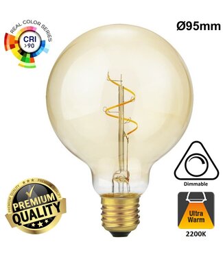 SPL E27 Led Bollamp G95 Slim-Flex, 4,2 Watt, 470 Lumen, 2200K Flame, CRI90, Dimbaar, Goudkleurig Glas, 2 Jaar Garantie