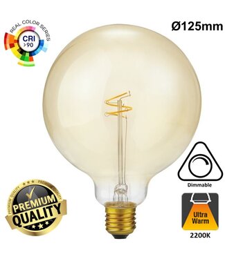 SPL E27 Led Bollamp G125 Slim-Flex, 4,2 Watt, 470 Lumen, 2200K Flame, CRI90, Dimbaar, Goudkleurig Glas, 2 Jaar Garantie