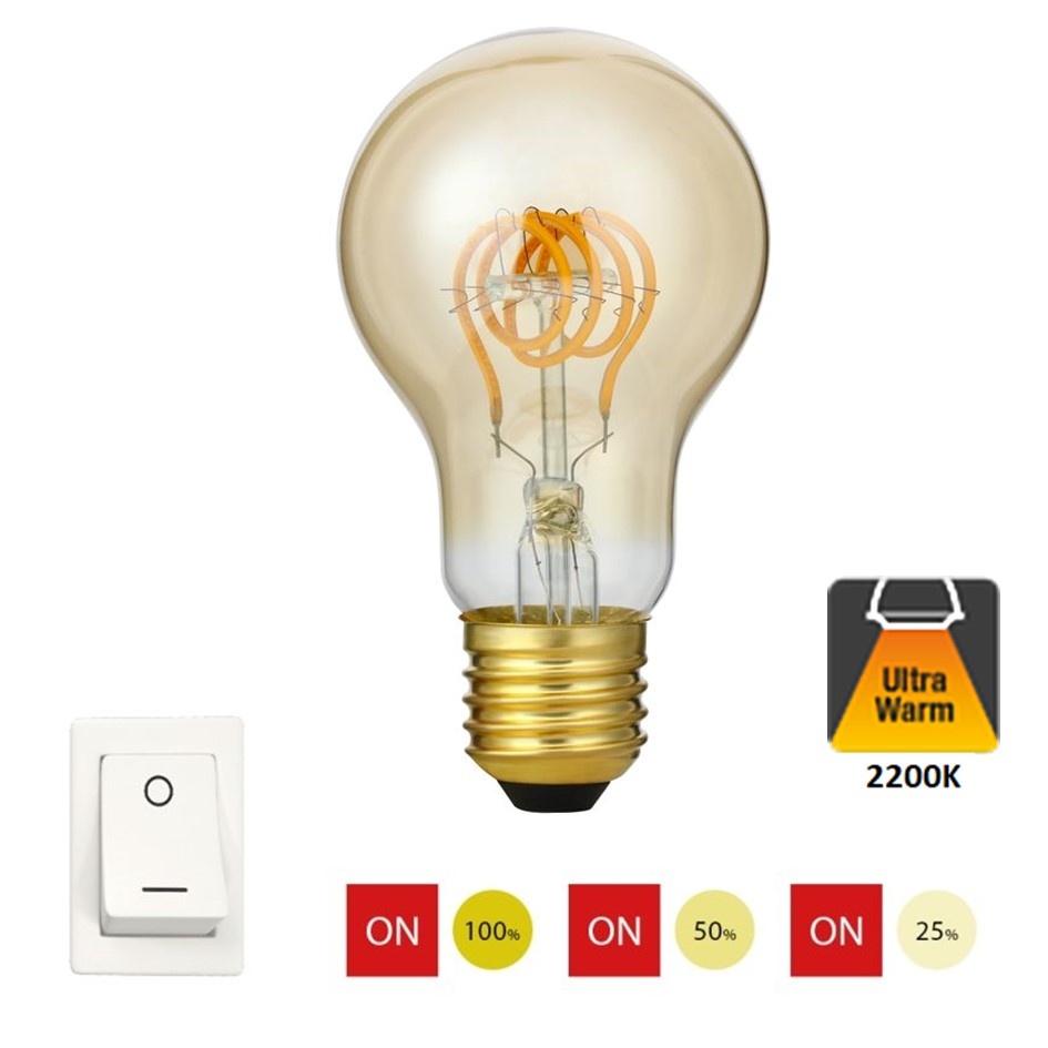 SPL E27 Led Bollamp A60 Slim-Flex, 5 Watt, 460 Lumen, 2200K Flame, 3 Steps-Dim (100%/50%/25%), Goudkleurig Glas, 2 Jaar Garantie