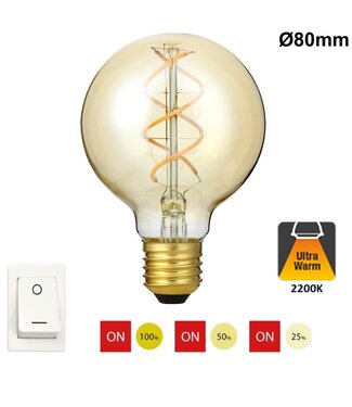 SPL E27 Led Bollamp G80 Fila-Flex, 5 Watt, 460 Lumen, 2200K Flame, 3 Steps-Dim (100%/50%/25%), Goudkleurig Glas, 2 Jaar Garantie