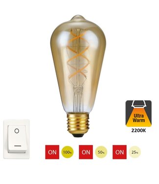 SPL E27 Led Bollamp ST64 Slim-Flex, 5 Watt, 460 Lumen, 2200K Flame, 3 Steps-Dim (100%/50%/25%), Goudkleurig Glas, 2 Jaar Garantie