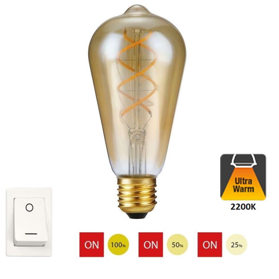SPL E27 Led Bollamp ST64 Slim-Flex, 5 Watt, 460 Lumen, 2200K Flame, 3 Steps-Dim (100%/50%/25%), Goudkleurig Glas, 2 Jaar Garantie