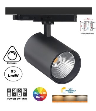 3 Fase LED Rail Spot Koker, TRIAC-Dimbaar,  Wattage switch: 10/20/30w,  CCT-Switch, 950 tot 2850 lumen, CRI>90, Zwarte Behuizing , 3 Jaar Garantie