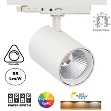 3 Fase LED Rail Spot Koker, TRIAC-Dimbaar,  Wattage switch: 10/20/30w,  CCT-Switch, 950 tot 2850 lumen, CRI>90, Witte Behuizing , 3 Jaar Garantie