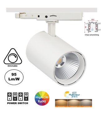 3 Fase LED Rail Spot Koker, TRIAC-Dimbaar,  Wattage switch: 10/20/30w,  CCT-Switch, 950 tot 2850 lumen, CRI>90, Witte Behuizing , 3 Jaar Garantie
