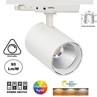 3 Fase LED Rail Spot Koker, TRIAC-Dimbaar,  Wattage switch: 10/20/30w,  CCT-Switch, 950 tot 2850 lumen, CRI>90, Witte Behuizing , 3 Jaar Garantie
