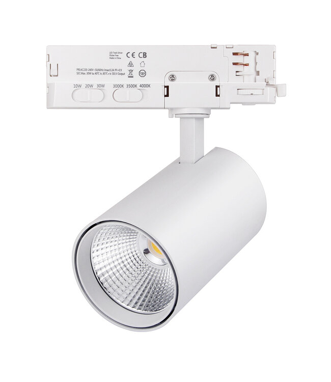 3 Fase LED Rail Spot Koker, TRIAC-Dimbaar,  Wattage switch: 10/20/30w,  CCT-Switch, 950 tot 2850 lumen, CRI>90, Witte Behuizing , 3 Jaar Garantie
