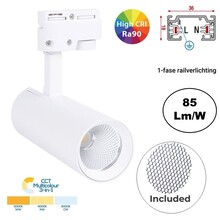 1 Fase Rail Spot 10w, 820 Lumen, CCT-Switch (3000K/4000K/6000K), CRI90, Incl. UGR Filter, Witkleurige behuizing, 3 Jaar Garantie