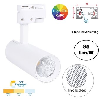 1 Fase Rail Spot 10w, 820 Lumen, CCT-Switch (3000K/4000K/6000K), CRI90, Incl. UGR Filter, Witkleurige behuizing, 3 Jaar Garantie