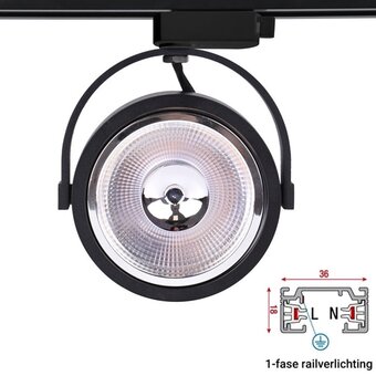 1 Fase Rail armatuur AR111 met GU10 Fitting, Zwartkleurige behuizing