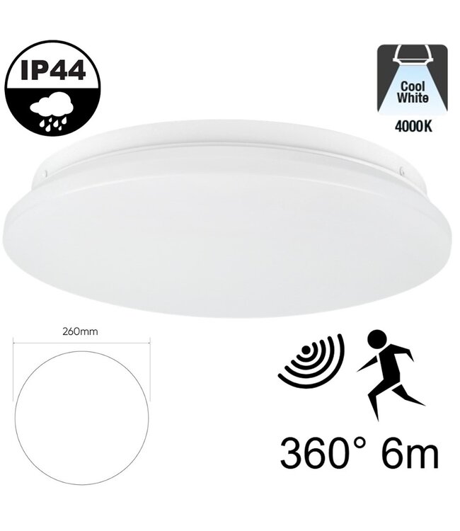 Led Plafonnière 12w met Bewegingssensor, 900 Lumen, IP44, Ø260mm, 2 jaar garantie
