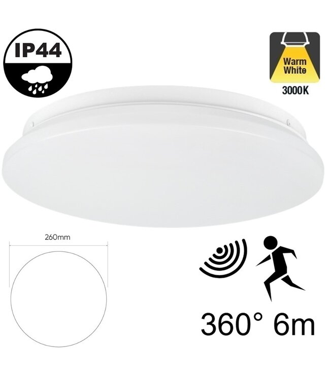 Led Plafonnière 12w met Bewegingssensor, 900 Lumen, IP44, Ø260mm, 2 jaar garantie