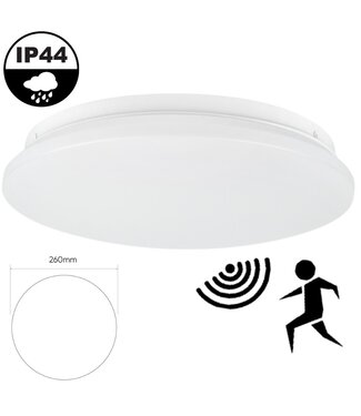 Led Plafonnière 12w met Bewegingssensor, 900 Lumen, IP44, Ø260mm, 2 jaar garantie