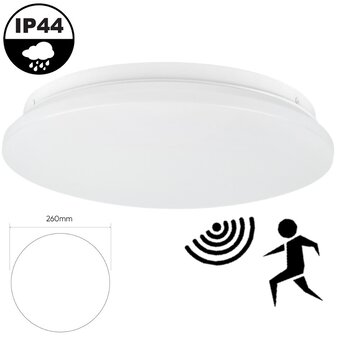 Led Plafonnière 12w met Bewegingssensor, 900 Lumen, IP44, Ø260mm, 2 jaar garantie