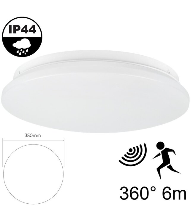 Led Plafonnière 18w met Bewegingssensor, 1450 Lumen, IP44, Ø350mm, 2 jaar garantie