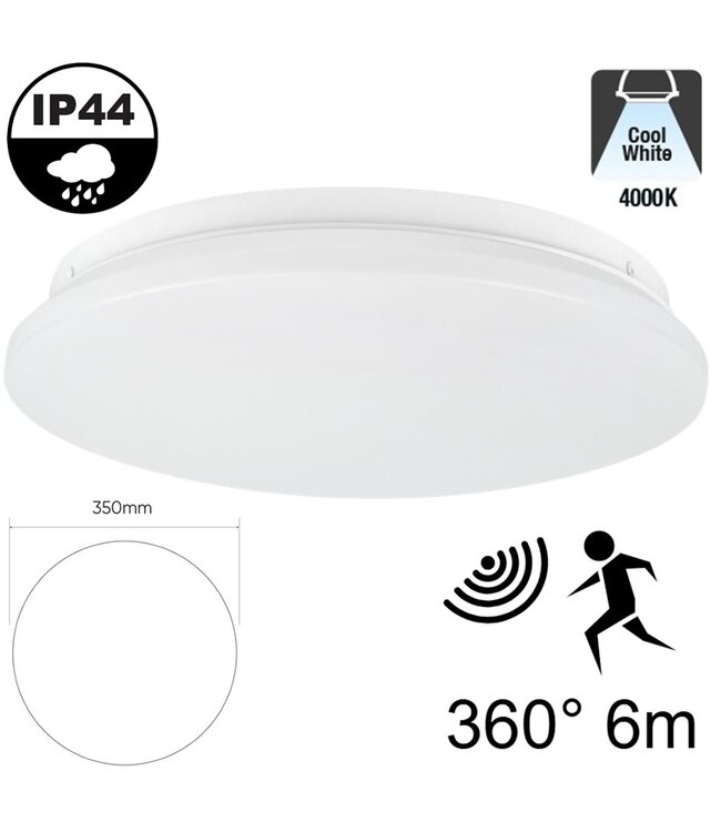 Led Plafonnière 18w met Bewegingssensor, 1450 Lumen, IP44, Ø350mm, 2 jaar garantie