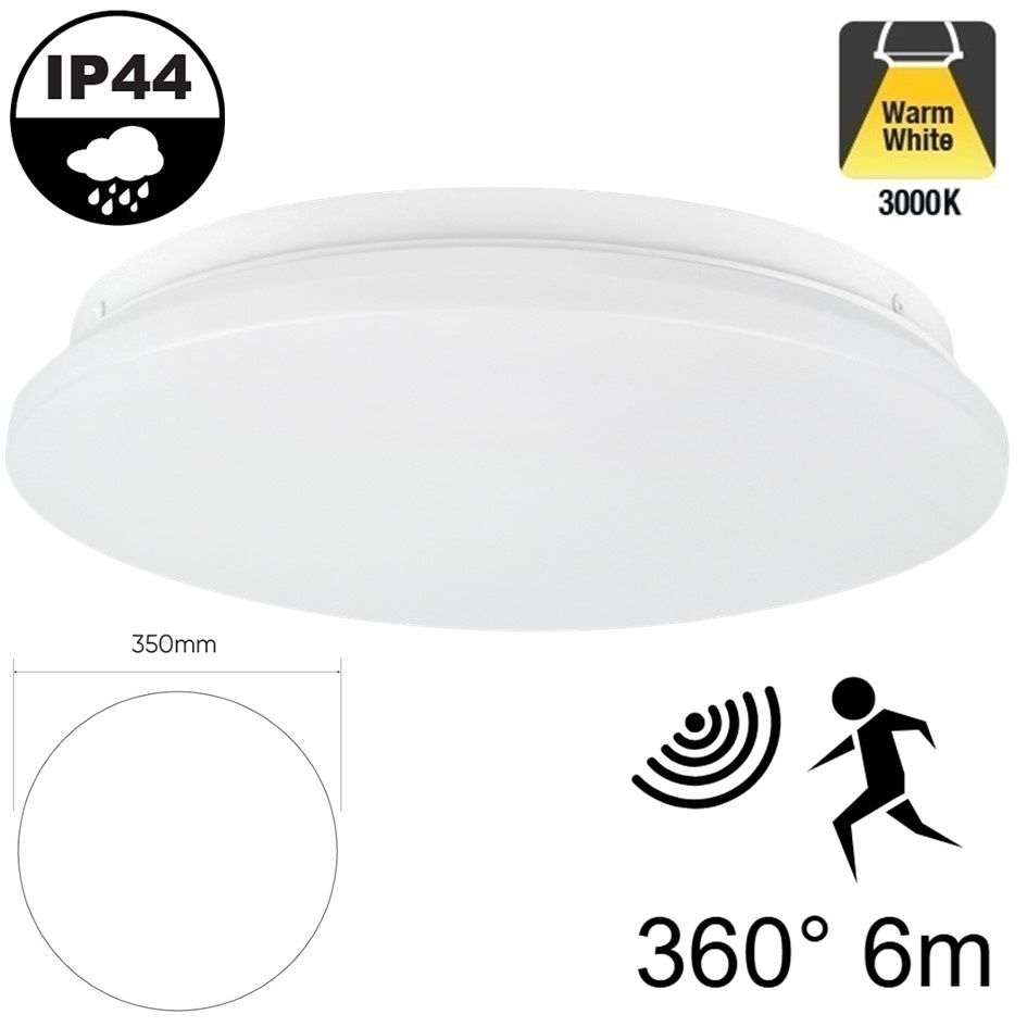 Led Plafonnière 18w met Bewegingssensor, 1450 Lumen, IP44, Ø350mm, 2 jaar garantie