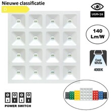 GRILL LED Paneel 60x60cm, Power switch 15-36W, 2250-5040 Lumen (140-150lm/w), UGR<16, 5 Jaar Garantie
