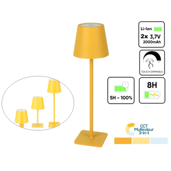 Oplaadbare LED Tafellamp Geel 4 IN 1, 3,5w, 400 Lumen, 2x 2000Mah Li-Ion batterij, CCT Switch 3000K/4000K/5000K, IP54, 2 Jaar Garantie