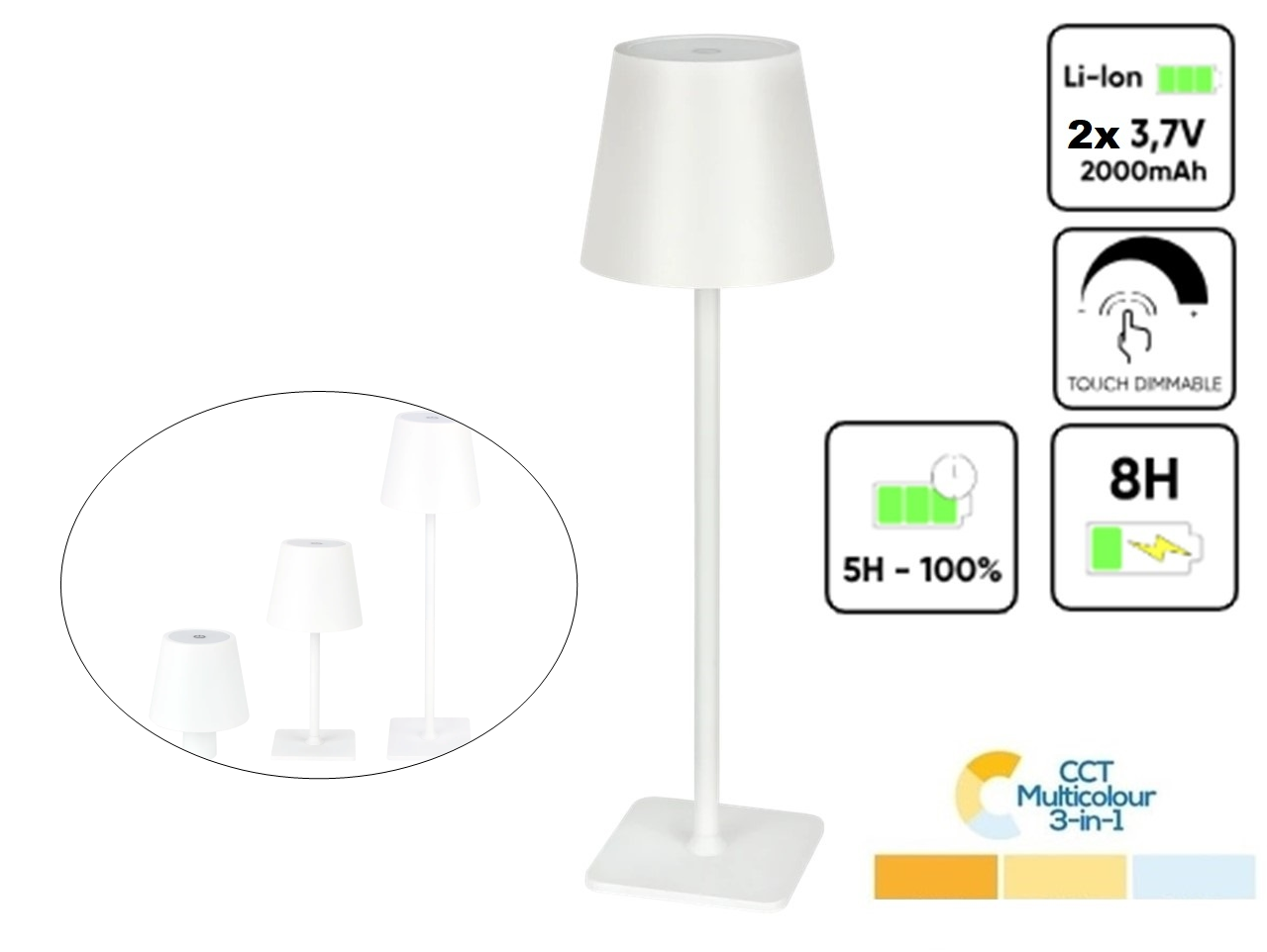Oplaadbare LED Tafellamp Wit 4 IN 1, 3,5w, 400 Lumen, 2x 2000Mah Li-Ion batterij, CCT Switch 3000K/4000K/5000K, IP54, 2 Jaar Garantie