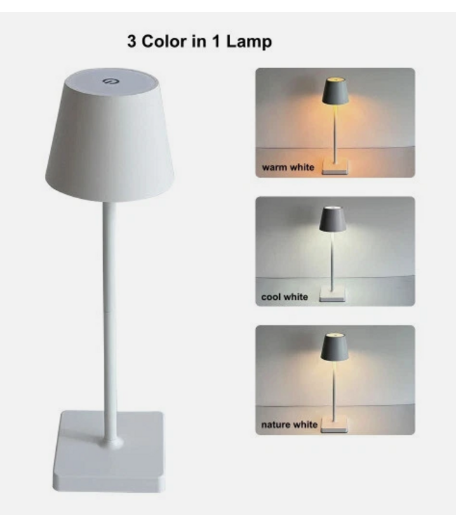 Oplaadbare LED Tafellamp Wit 4 IN 1, 3,5w, 400 Lumen, 2x 2000Mah Li-Ion batterij, CCT Switch 3000K/4000K/5000K, IP54, 2 Jaar Garantie