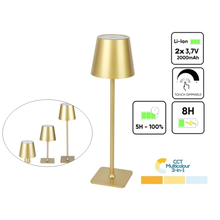 Oplaadbare LED Tafellamp Goud 4 IN 1, 3,5w, 400 Lumen, 2x 2000Mah Li-Ion batterij, CCT Switch 3000K/4000K/5000K, IP54, 2 Jaar Garantie
