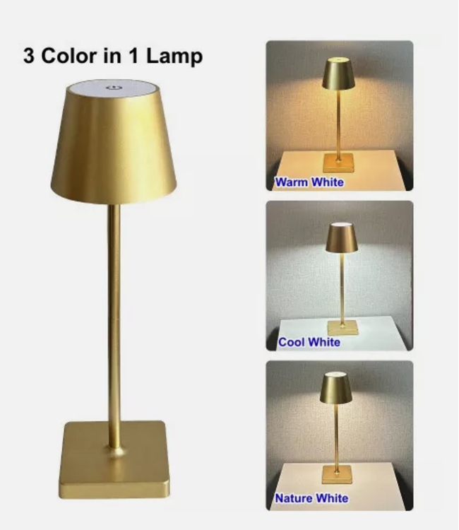 Oplaadbare LED Tafellamp Goud 4 IN 1, 3,5w, 400 Lumen, 2x 2000Mah Li-Ion batterij, CCT Switch 3000K/4000K/5000K, IP54, 2 Jaar Garantie