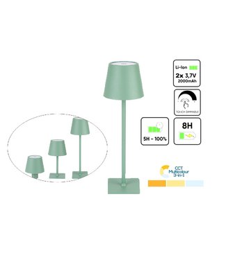 Oplaadbare LED Tafellamp Groen 4 IN 1,  3,5w, 400 Lumen, 2x 2000Mah Li-Ion batterij, CCT Switch 3000K/4000K/5000K, IP54, 2 Jaar Garantie