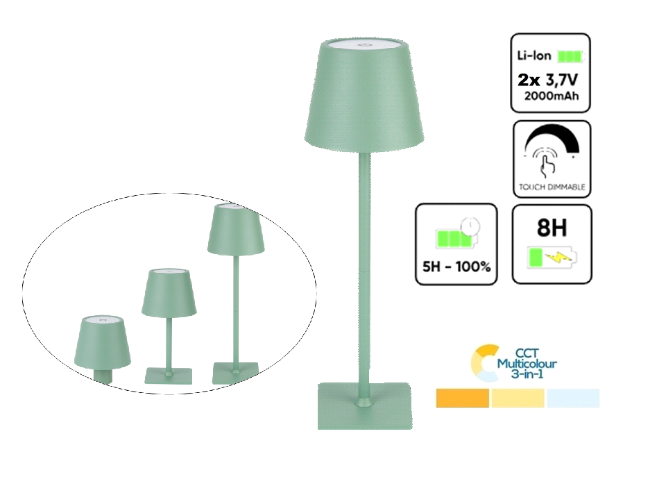 Oplaadbare LED Tafellamp Groen 4 IN 1, 3,5w, 400 Lumen, 2x 2000Mah Li-Ion batterij, CCT Switch 3000K/4000K/5000K, IP54, 2 Jaar Garantie